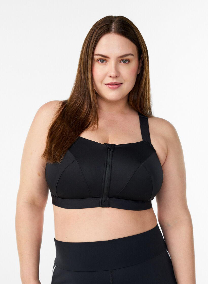 Sports bra with front closure and high support, Black, Model image number 0