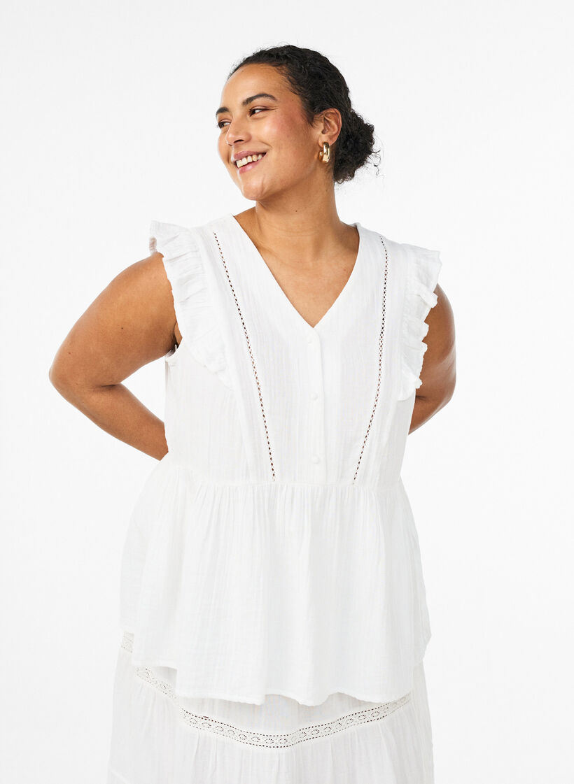 Sleeveless cotton muslin blouse with ruffles, White, Model image number 0