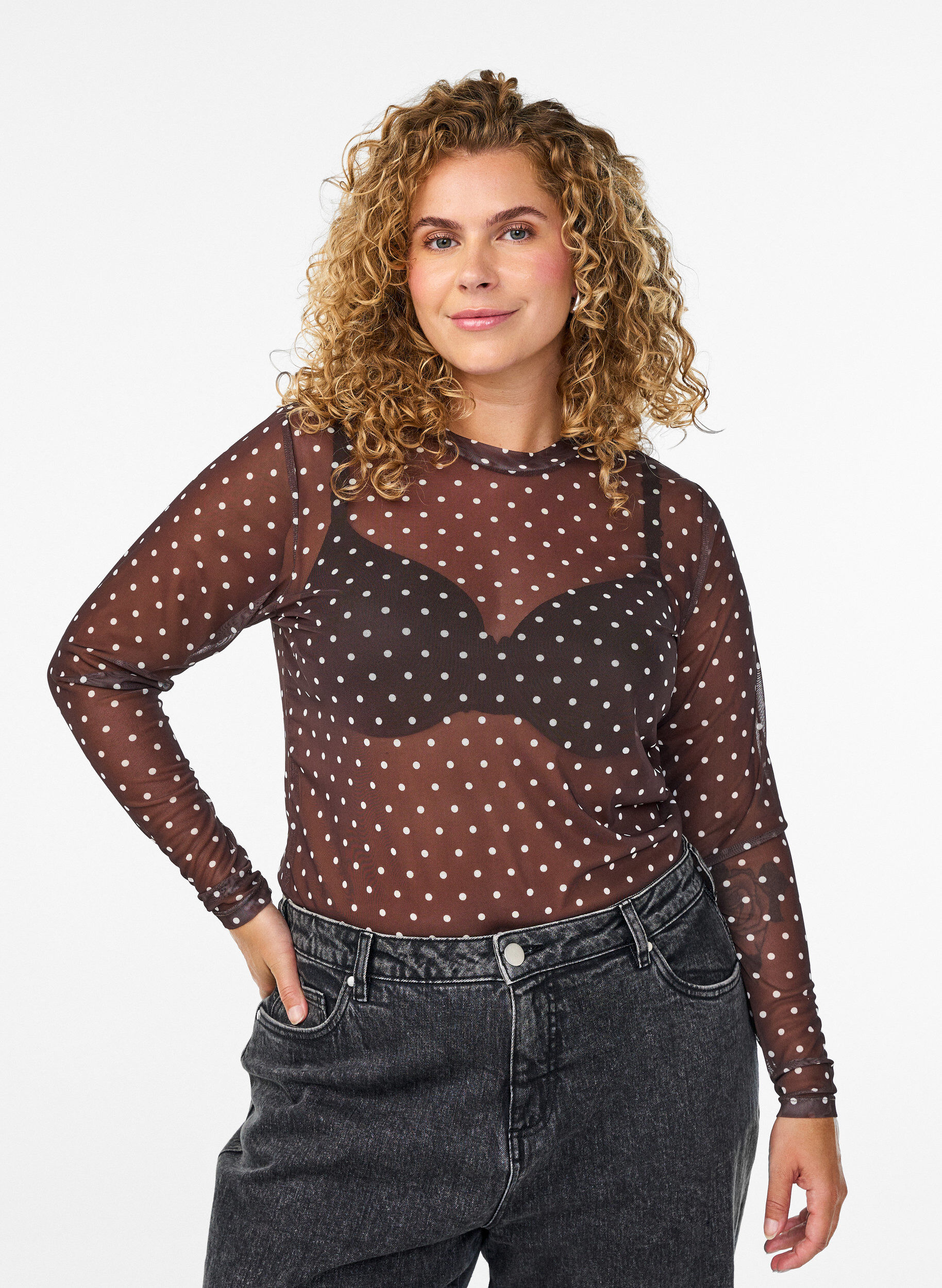 Mesh blouse with dots, Brown, Model