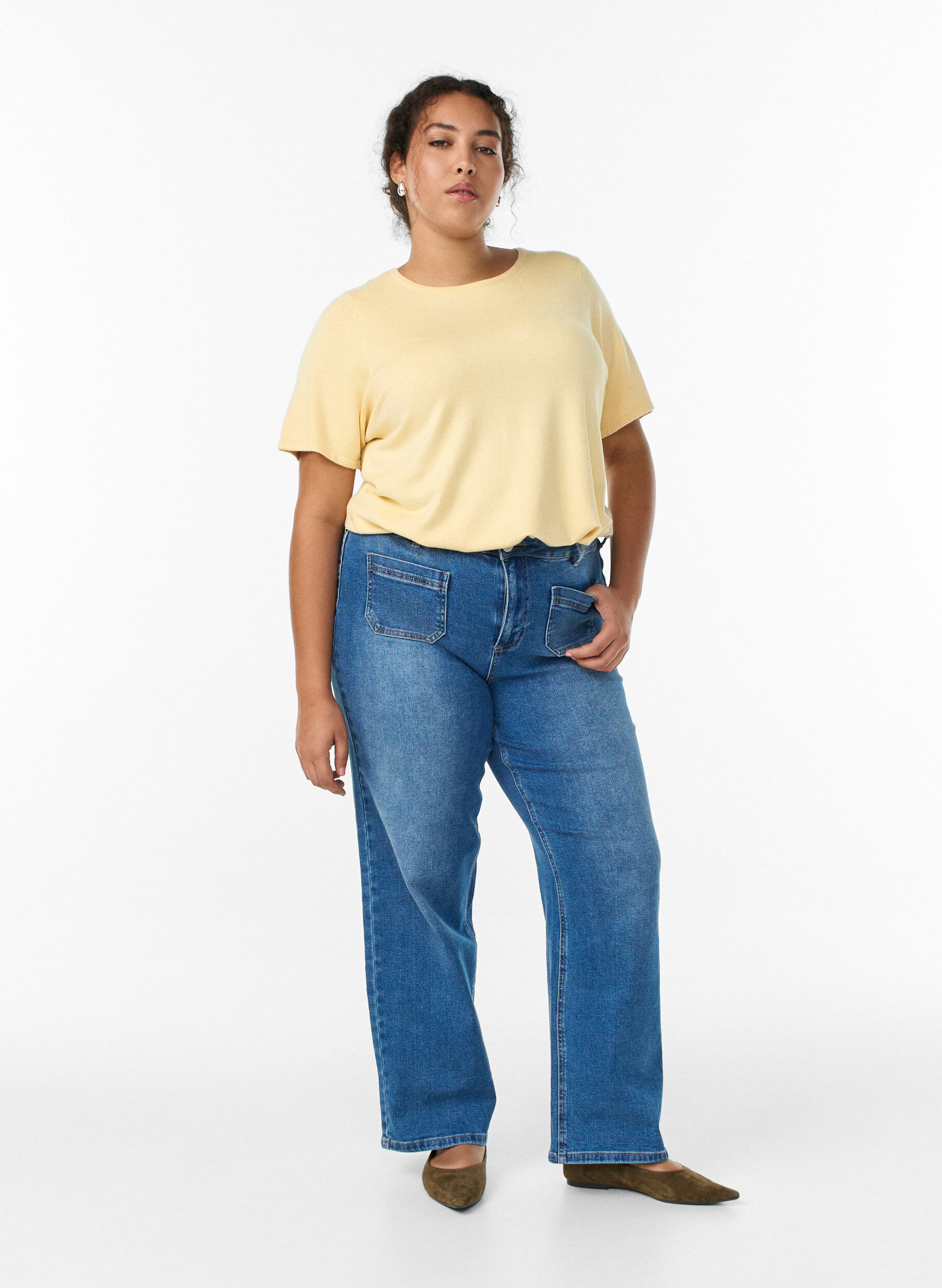 Zizzifashion Short-sleeved knit blouse in viscose, Yellow, Model image number 1