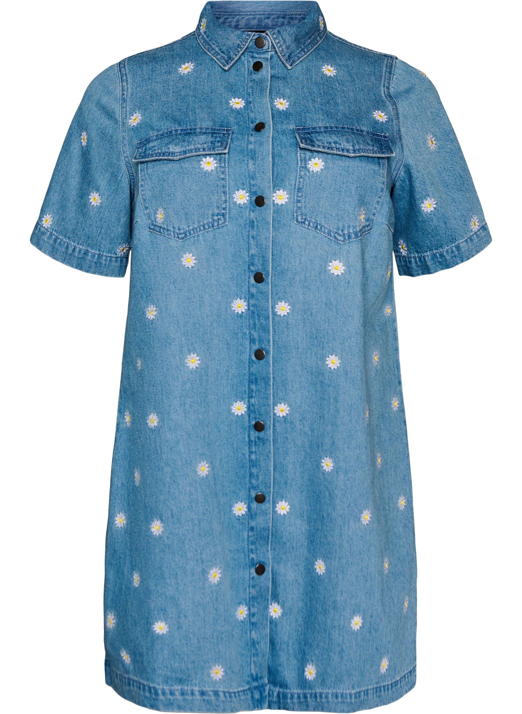 Zizzifashion Short denim dress with embroidered flowers, Light Blue, Packshot image number 0