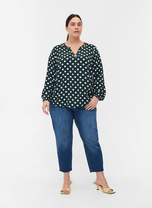 Long-sleeved viscose blouse with V-neck, Scarab w. White Dots, Model image number 2
