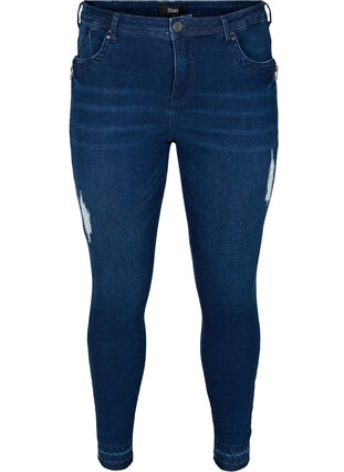 Super slim Amy jeans with distressed look, Dark blue denim, Packshot image number 0