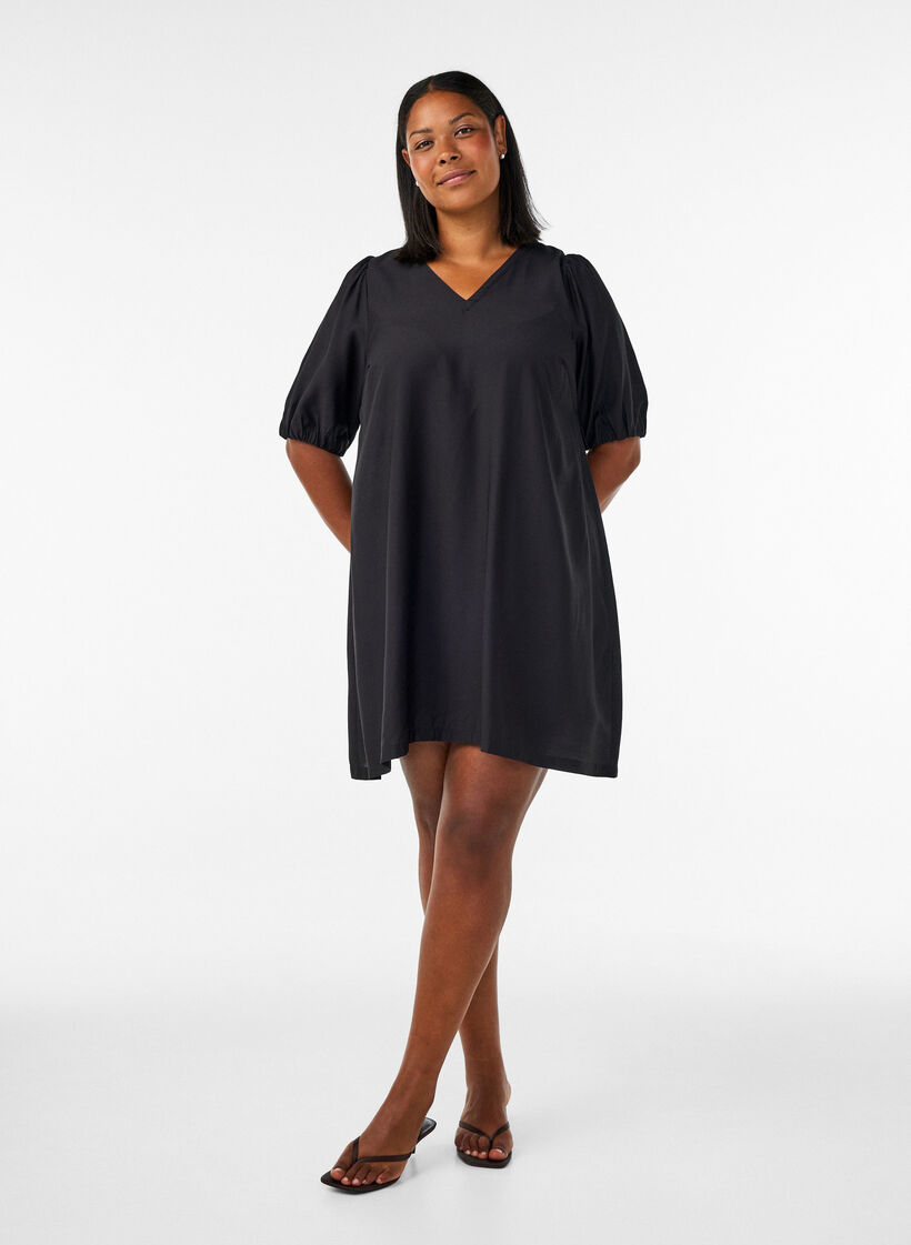 Short A-line dress with V-neck, Black, Model image number 1