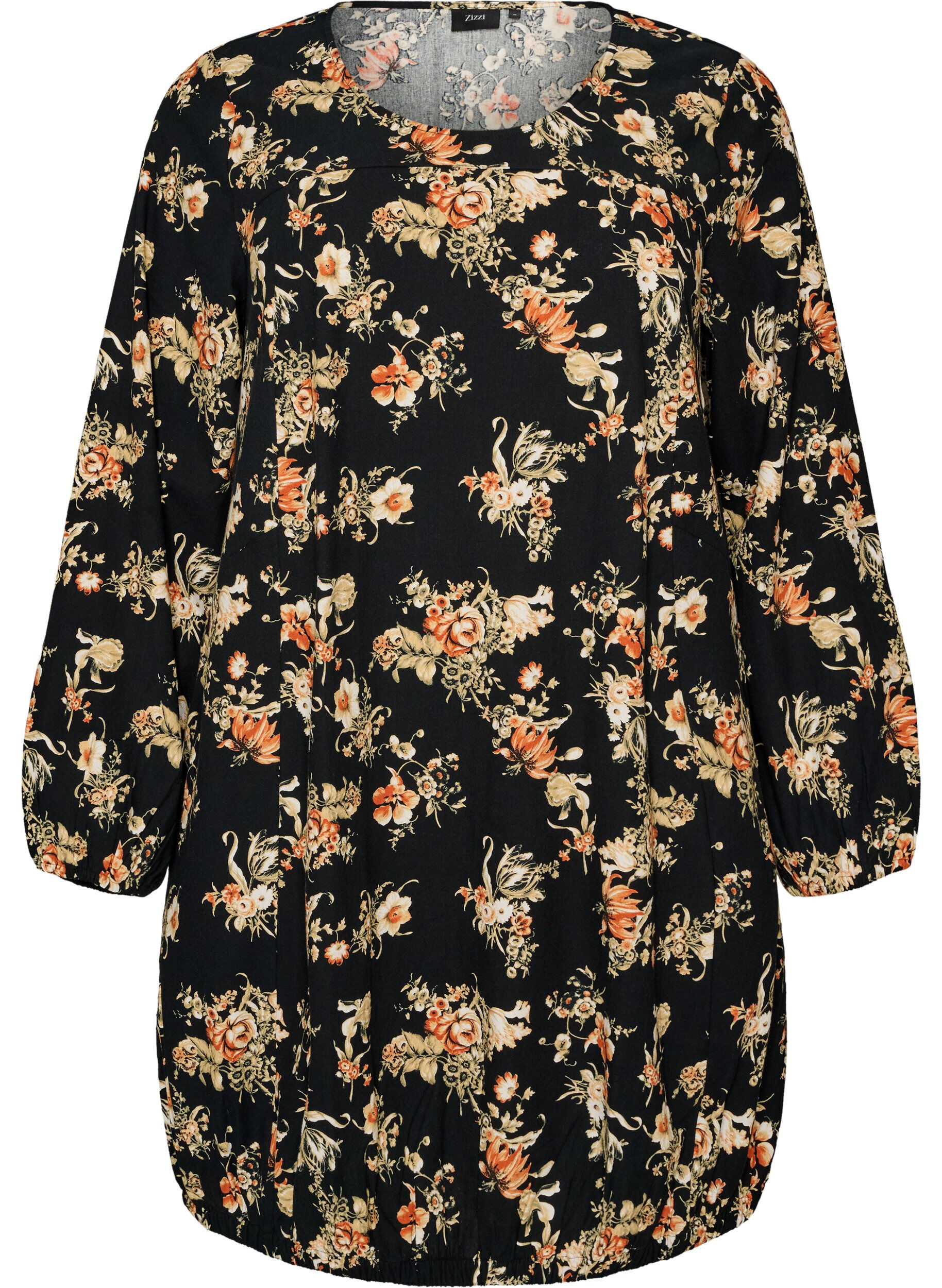 ZizzifashionShort cotton dress with an elasticated hem and long sleeves, Black, Packshot image number 0