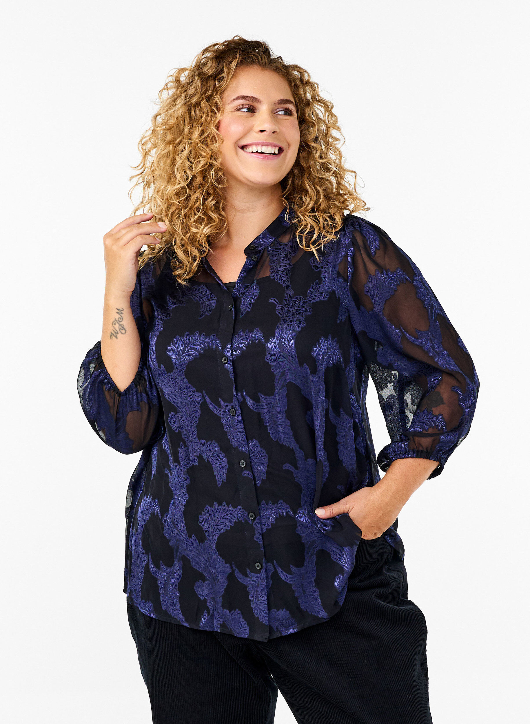 Zizzifashion Chiffon blouse with jacquard pattern, Evening Blue, Model image number 0