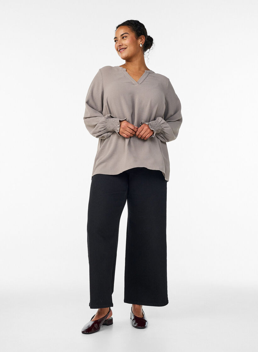 Blouse with smock cuffs and V-neck, Beige, Model image number 1