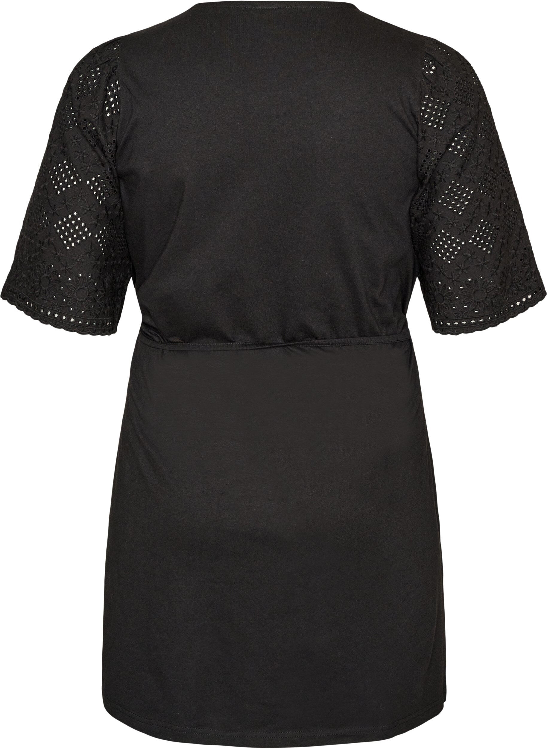Zizzifashion Cotton dress with broderie anglaise sleeves and a tie-waist, Black, Packshot image number 1