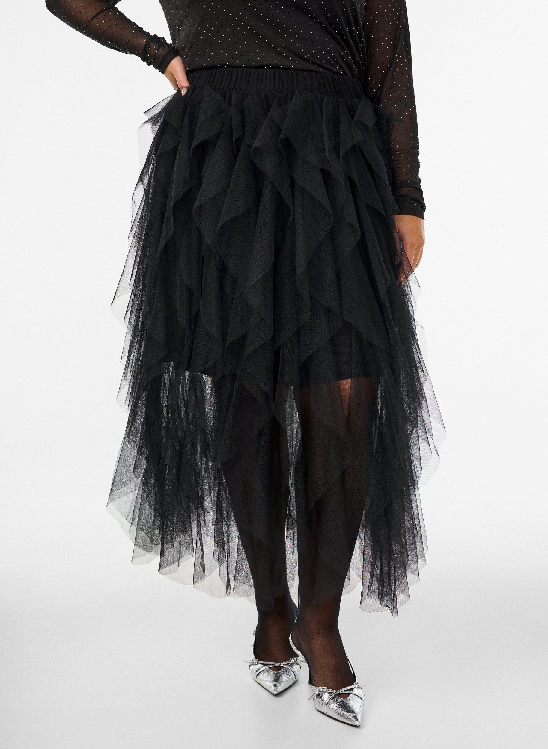 ZizzifashionMidi tulle skirt with elastic waistband, Black, Model image number 2