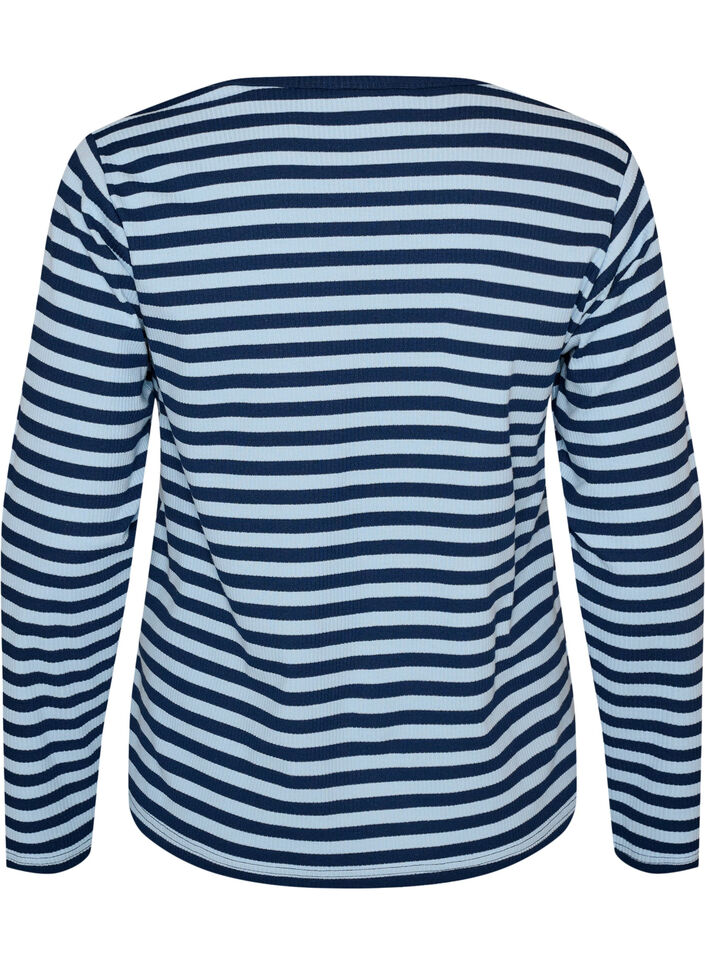 Long-sleeved night top in ribbed jersey with stripes, Blue, Packshot image number 1