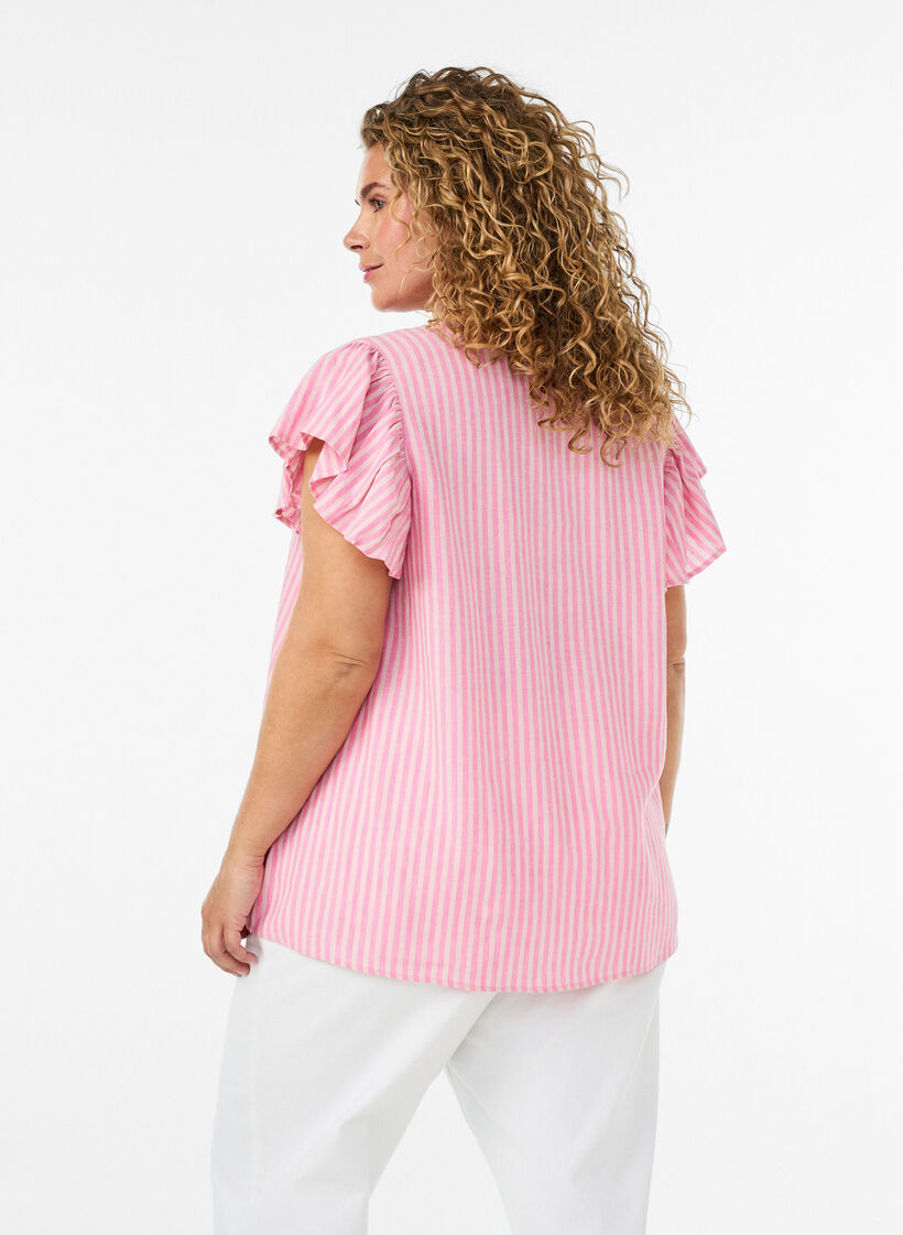 Viscose and linen blouse with ruffle sleeves, Pink, Model image number 2