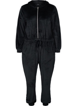 Hooded velour jumpsuit with drawstring, Black, Packshot image number 0