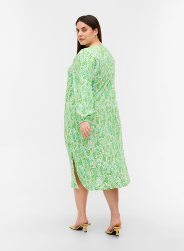 Printed viscose midi dress with long sleeves, Green Paisley AOP, Model image number 1