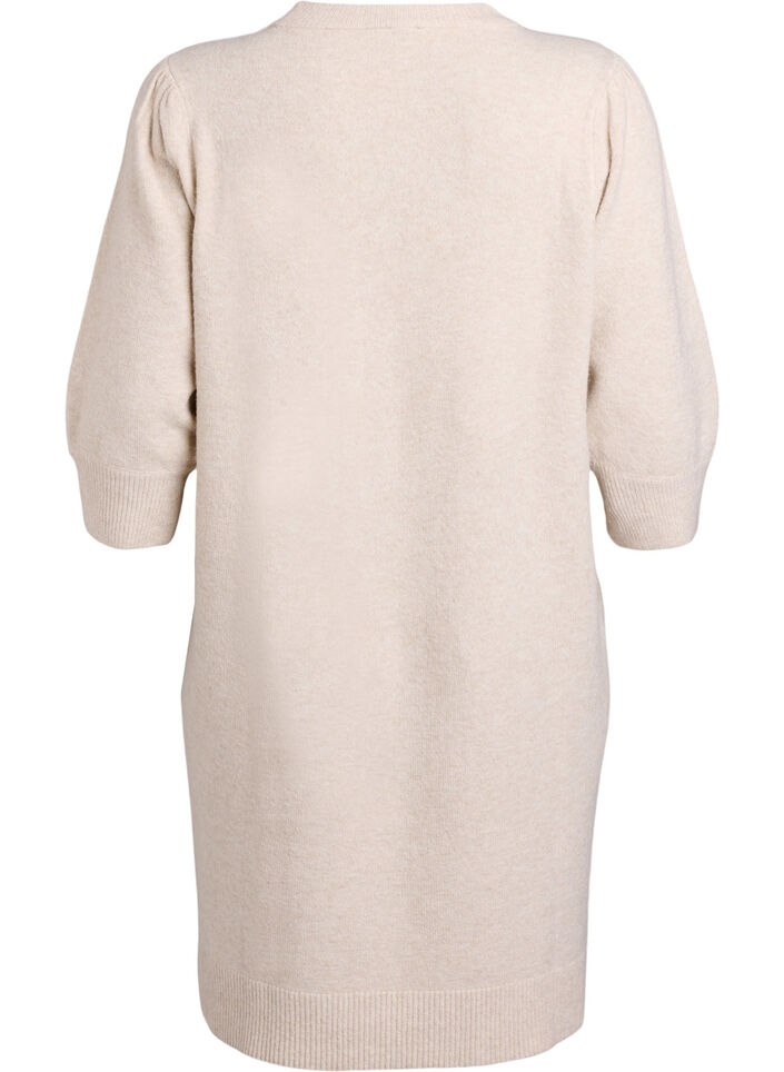 Knitted dress with 3/4 sleeves and a round neck, P. Stone White Mel., Packshot image number 1