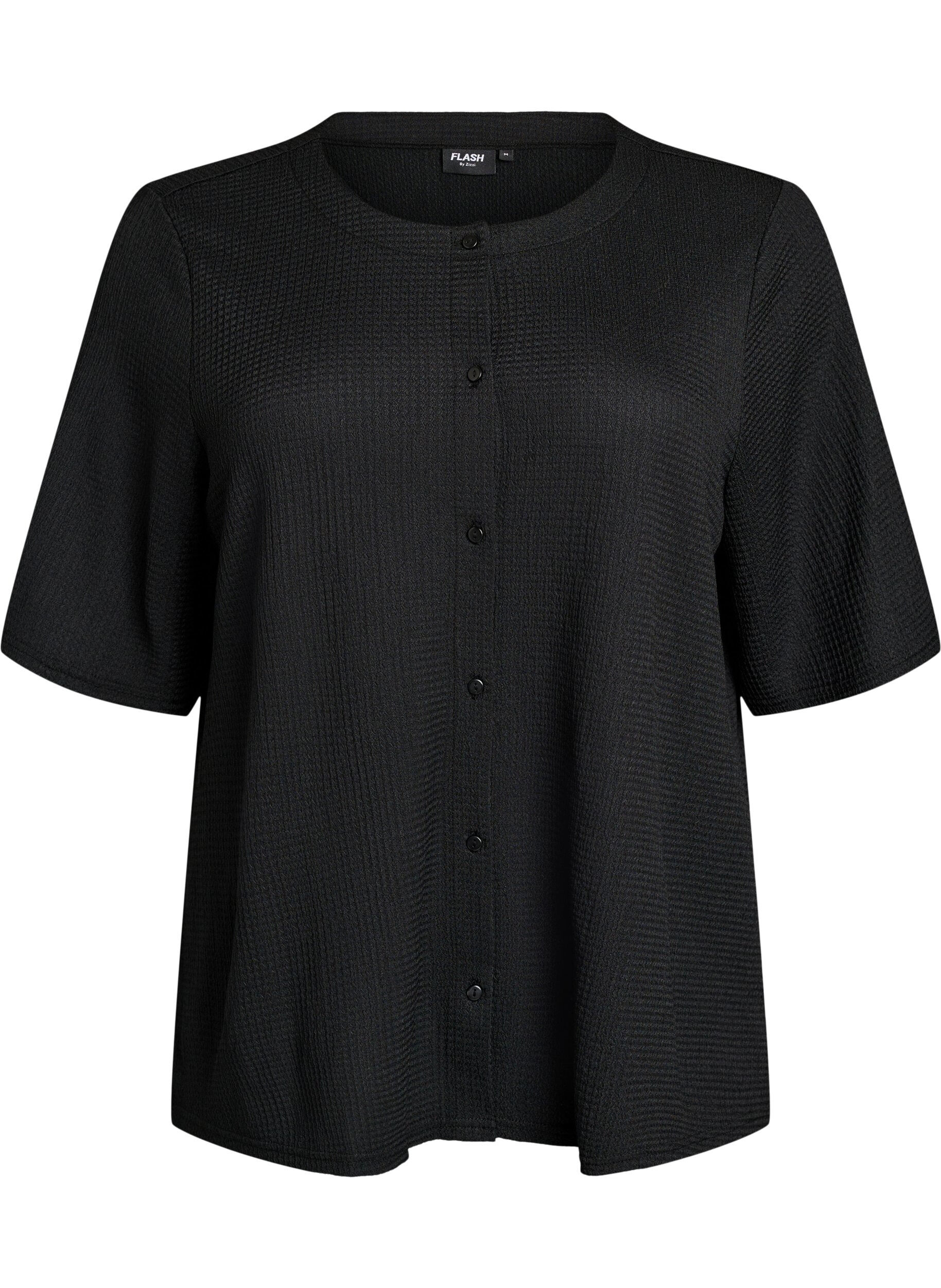 Zizzifashion Short-sleeved blouse with texture and button fastening, Black, Packshot image number 0