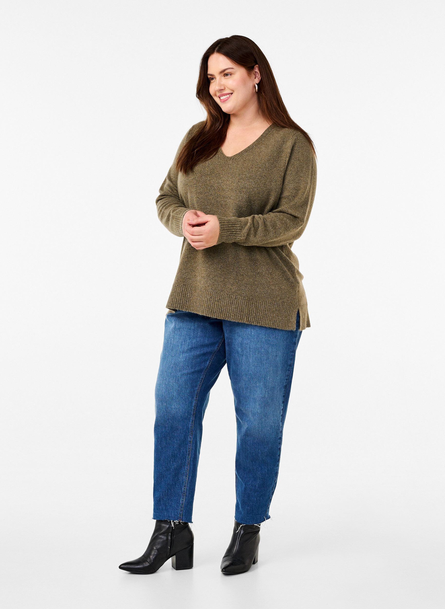 Zizzifashion Knitted blouse with V-neck, Dusky G. Black Mel., Model image number 2