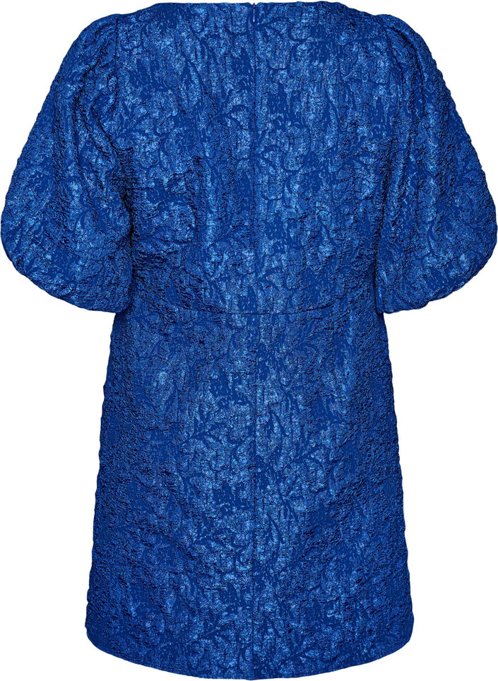 Jacquard dress with puff sleeves and A-line, Blue, Packshot image number 1