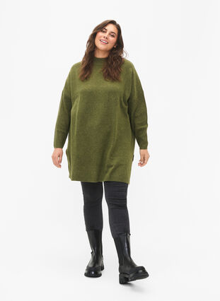Melange knit sweater with slit, W. Moss/Black Mel., Model image number 2