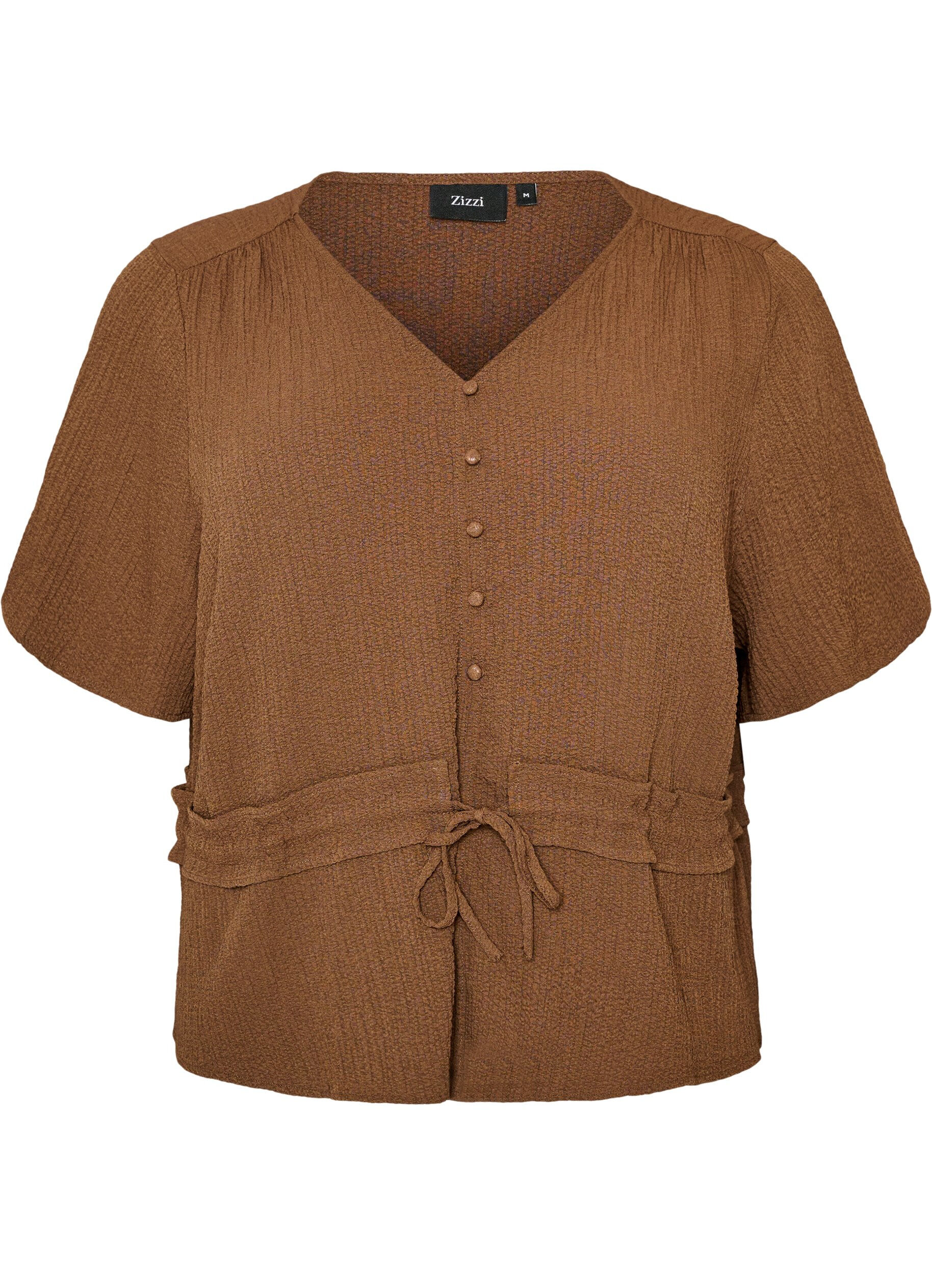 Zizzifashion Blouse with texture and a tie-waist, Brown, Packshot image number 0