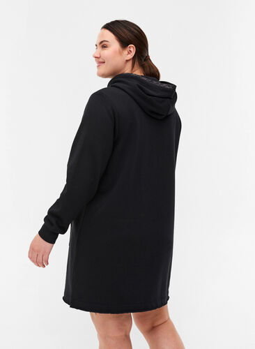 Long sweatshirt with hood and large pocket, Black, Model image number 1