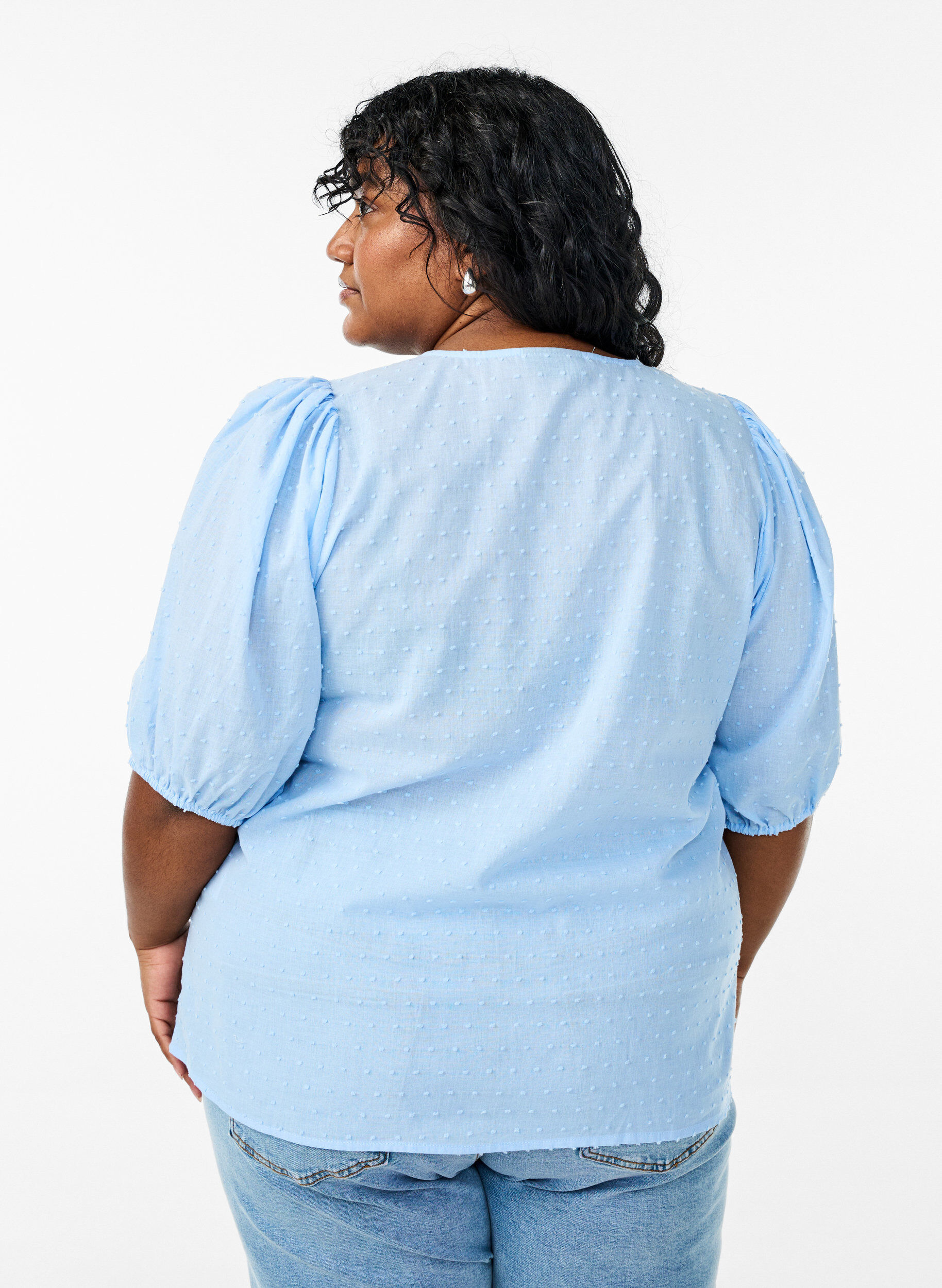 Zizzifashion Shirt blouse with tie string and dotted texture, Light Blue, Model image number 2