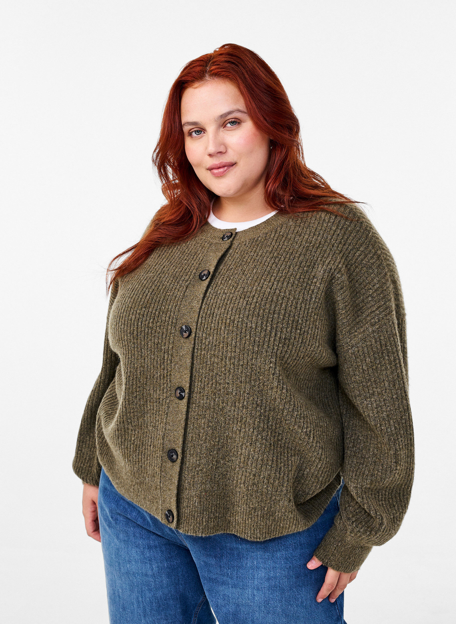 Zizzifashion Rib knit cardigan with buttons, Green, Model image number 0