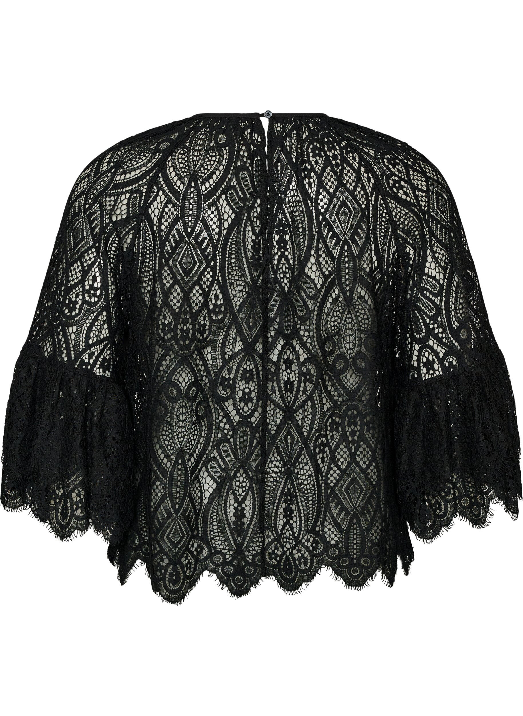 ZizzifashionLace blouse with long trumpet sleeves and ruffles, Black, Packshot image number 1