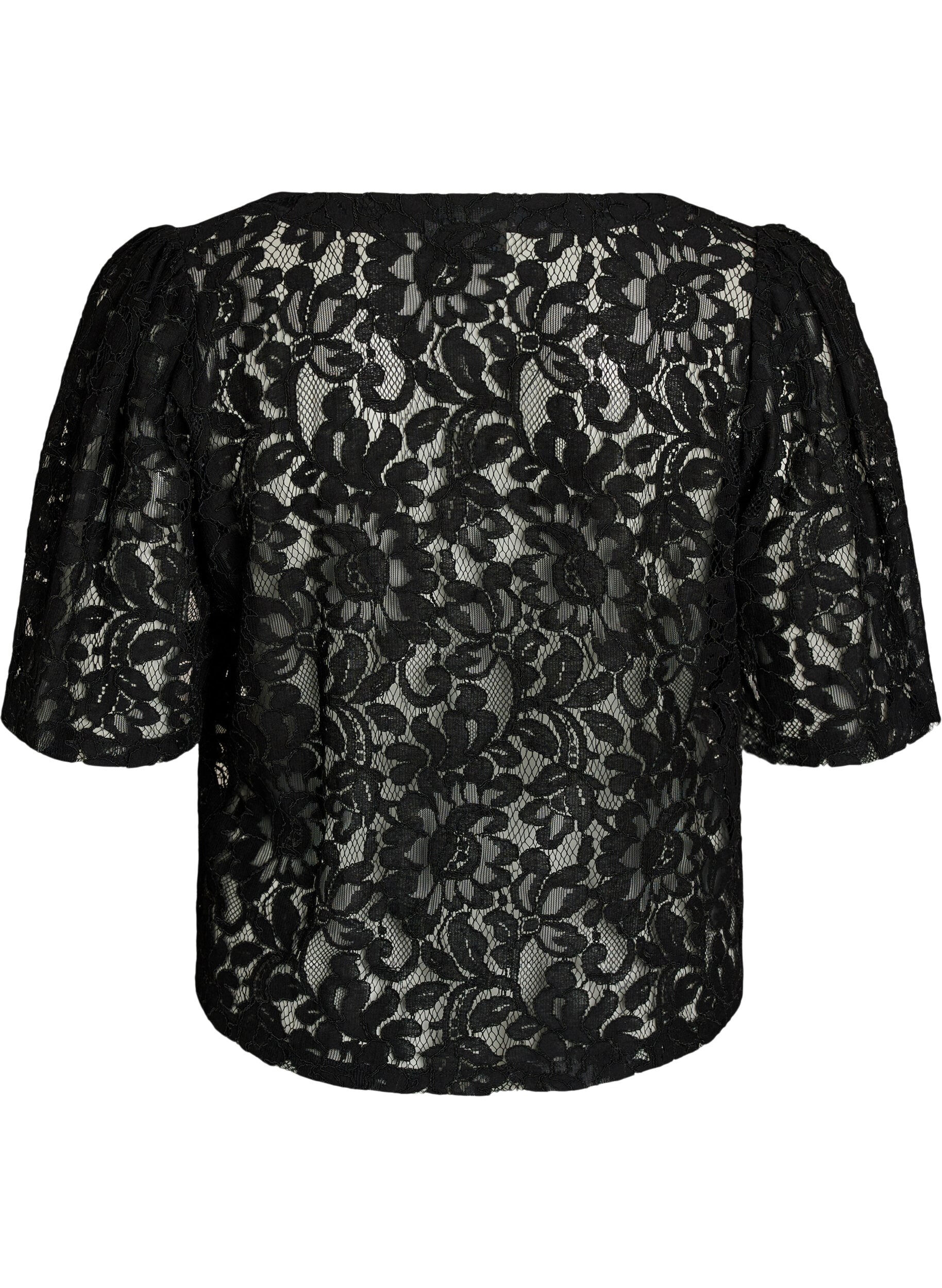 Zizzifashion Short-sleeved lace blouse with V-neck, Black, Packshot image number 1
