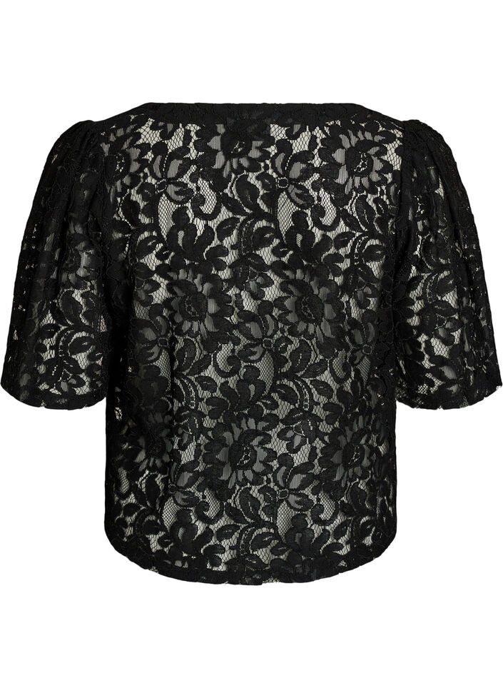 Short-sleeved lace blouse with V-neck, Black, Packshot image number 1