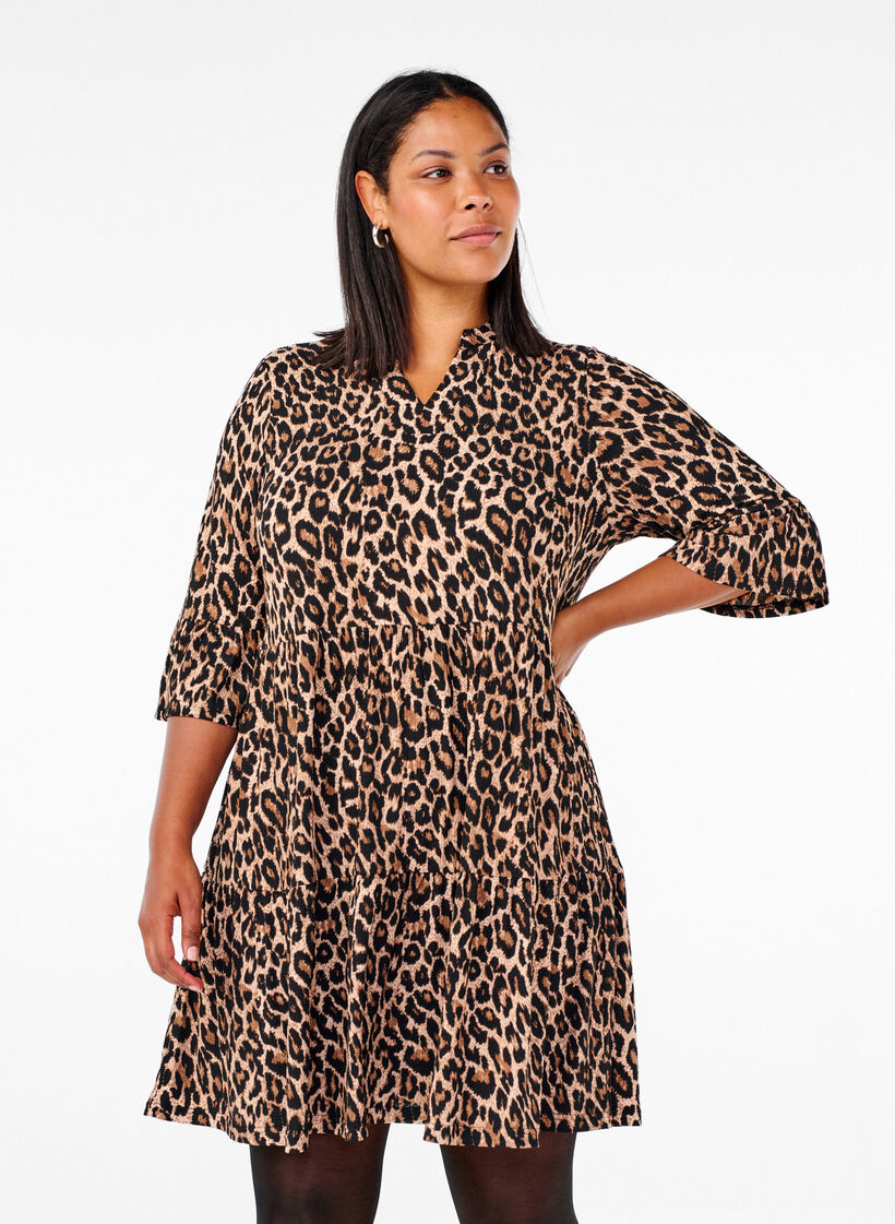 Short A-line dress with leopard print, Brown, Model image number 0