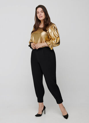 Shiny blouse with 3/4 length puff sleeves, Gold, Model image number 2