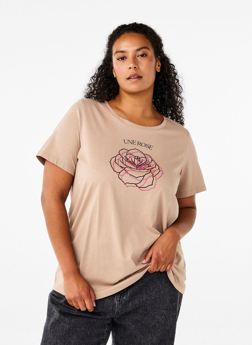 Cotton T-shirt with print, S. Mink w. Flower, Model image number 0