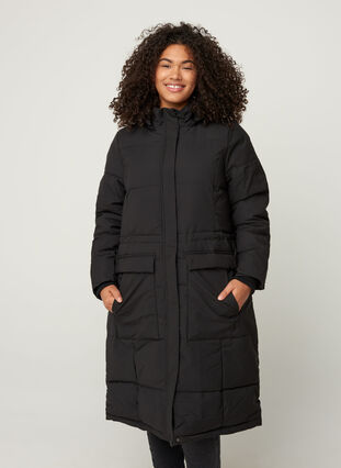 Long winter jacket with a drawstring waist, Black, Model image number 0