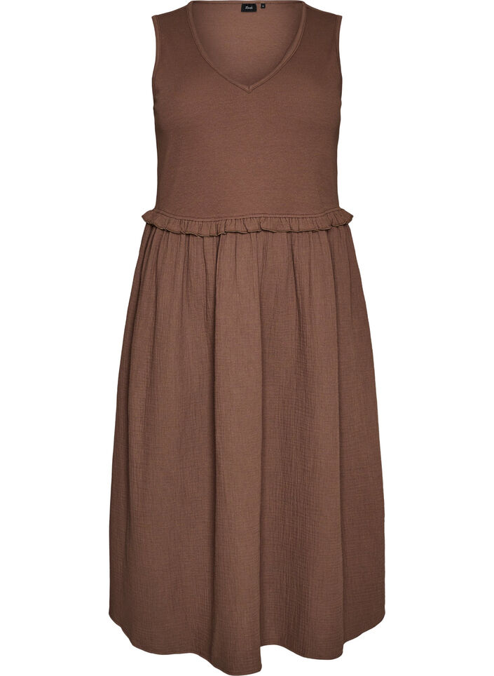Sleeveless cotton midi dress with rib and muslin, Brown, Packshot image number 0