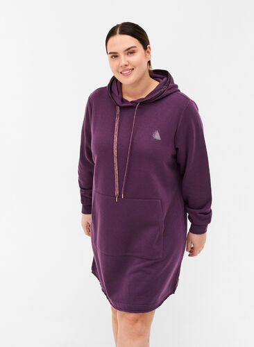 Long sweatshirt with hood and large pocket, Blackberry Wine, Model image number 0