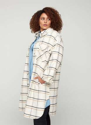 Long checkered shirt jacket, Snow White CHECK, Model image number 0
