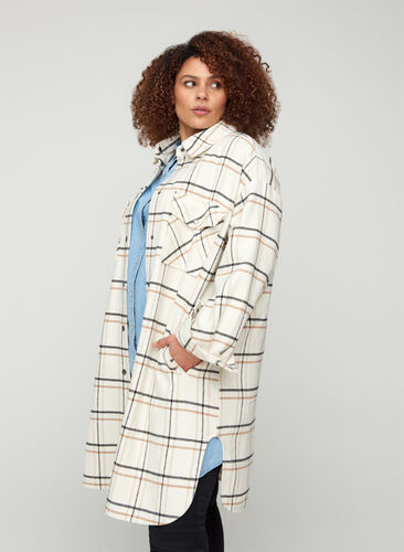 Long checkered shirt jacket, Snow White CHECK, Model image number 0