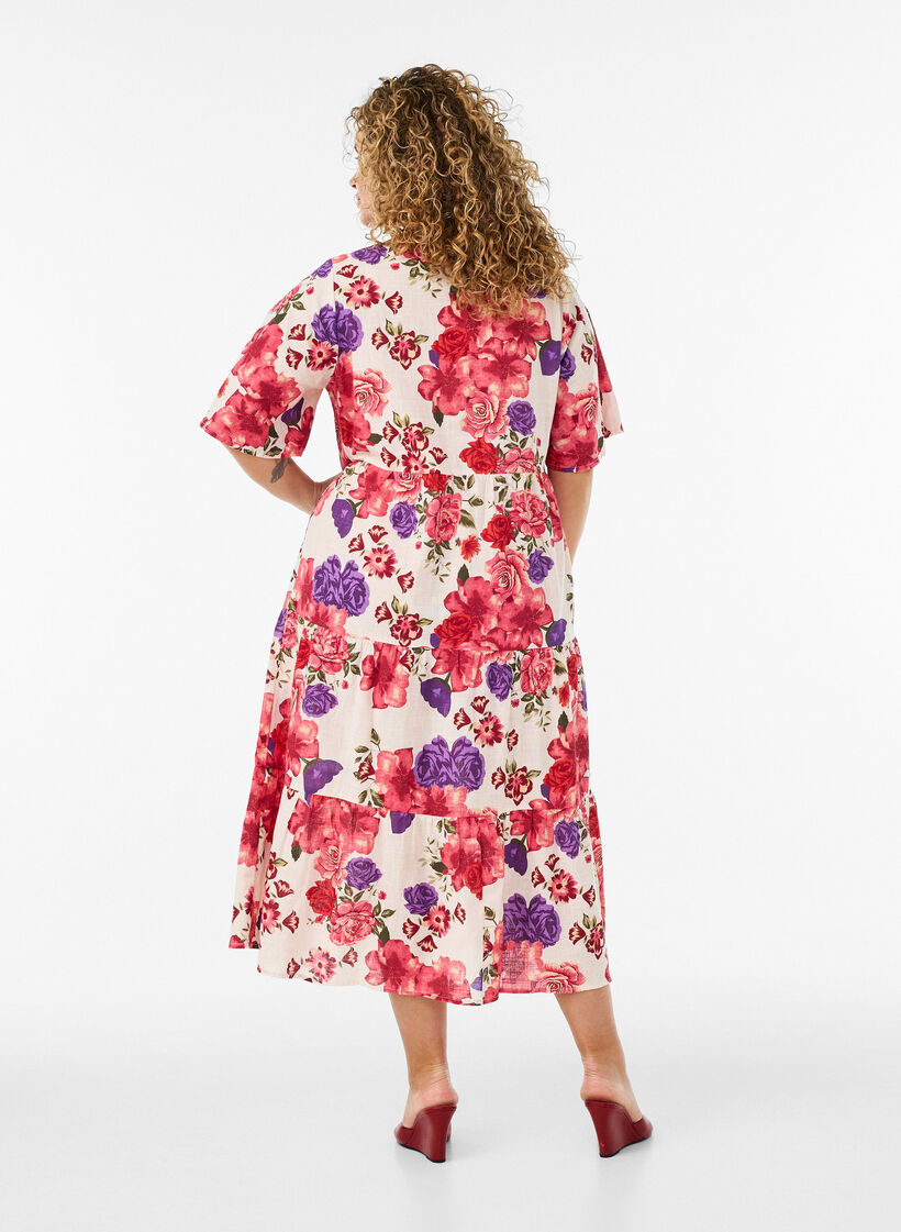 Cotton midi dress with floral print, Red, Model image number 1