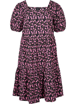 Floral dress in cotton with puff sleeves, Flower AOP, Packshot image number 0