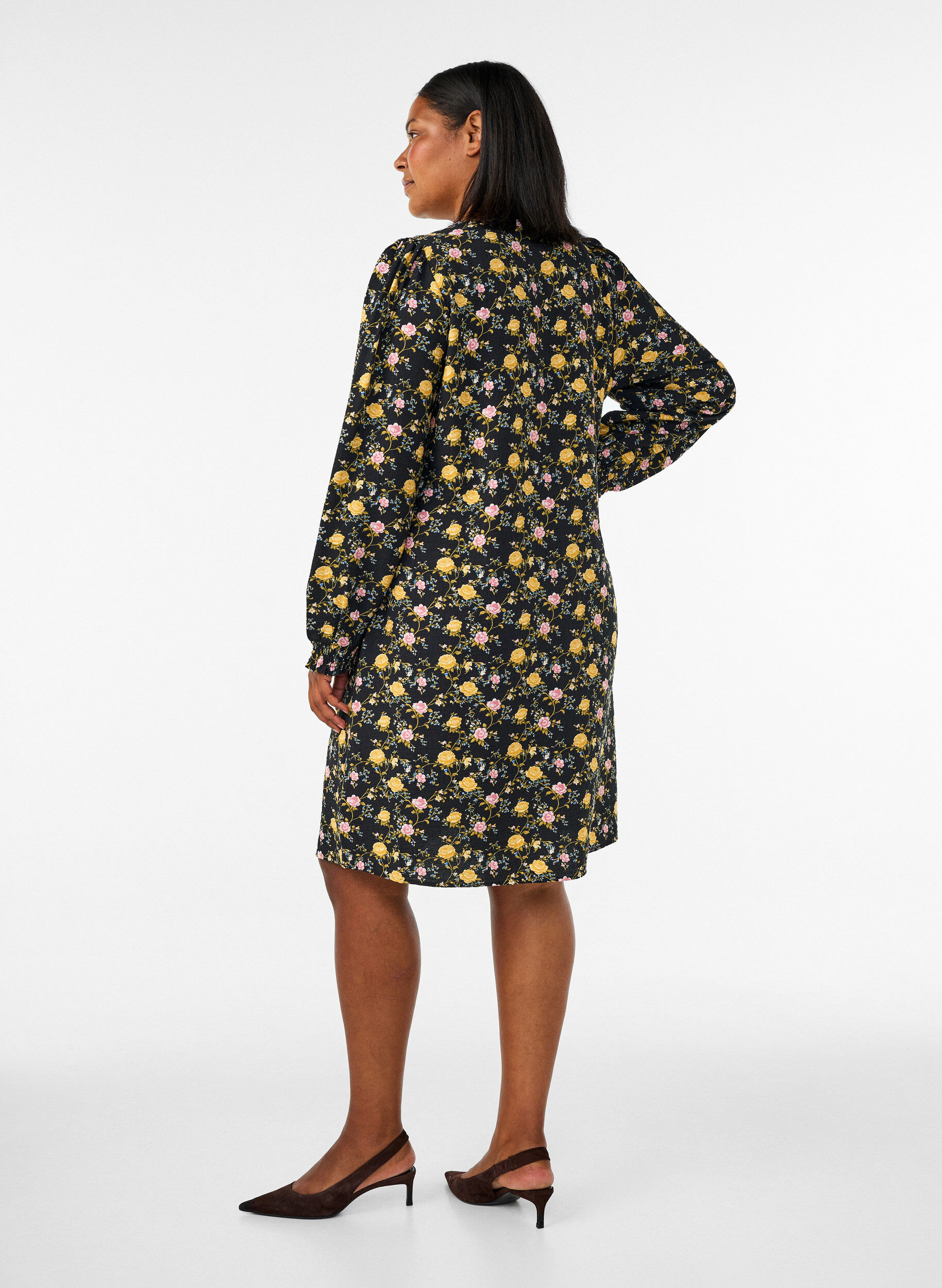 ZizzifashionPatterned viscose dress with long sleeves, Black, Model image number 2