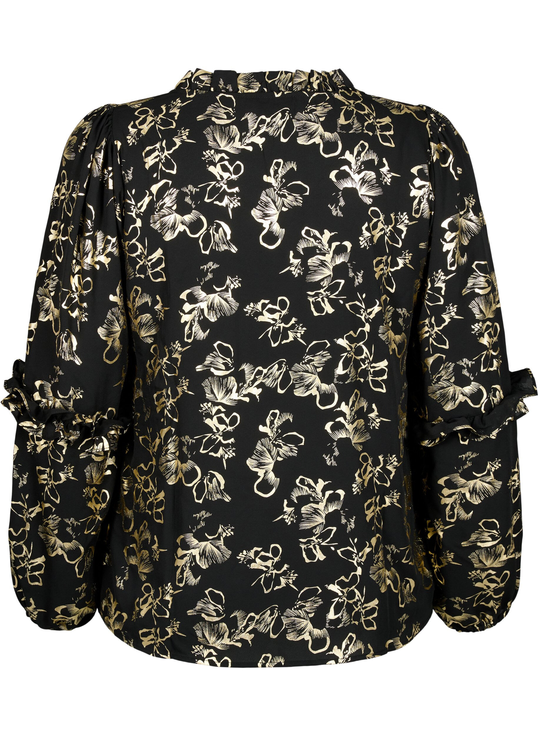 Zizzifashion Long-sleeved blouse with frills and foil print, Black Foil AOP, Packshot image number 1