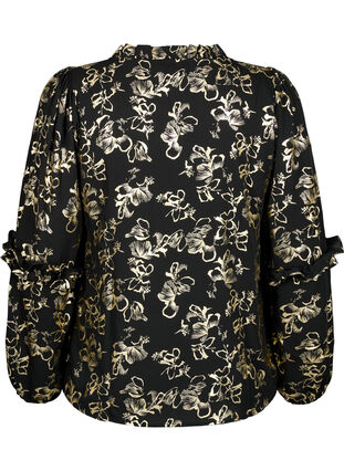 Long-sleeved blouse with frills and foil print, Black Foil AOP, Packshot image number 1