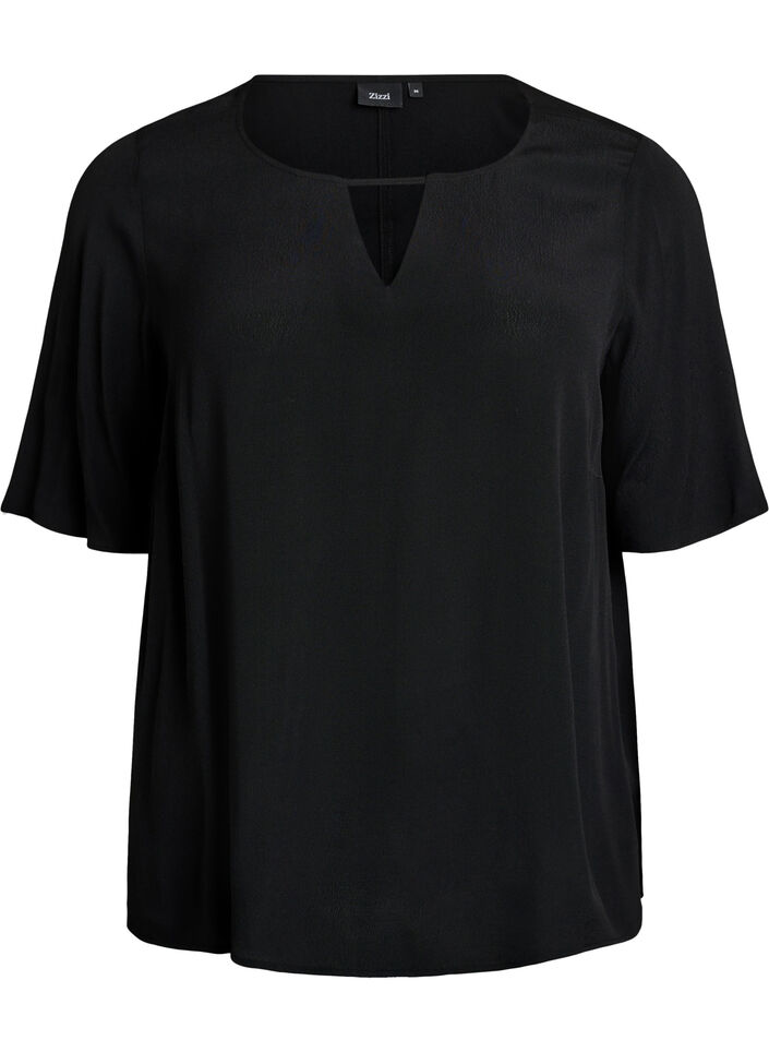 Short-sleeved viscose blouse, Black, Packshot image number 0