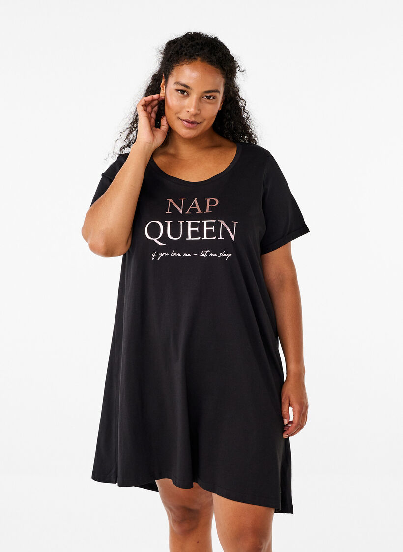 Short-sleeved nightgown in organic cotton, Black, Model image number 0