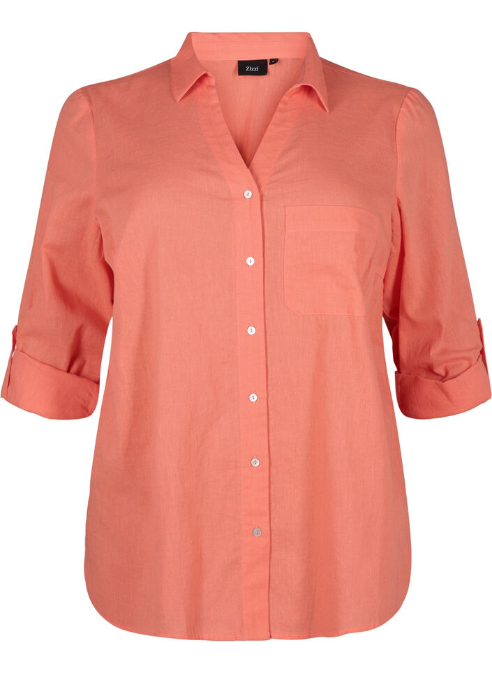 Shirt blouse with button closure in cotton-linen blend, Living Coral, Packshot image number 0
