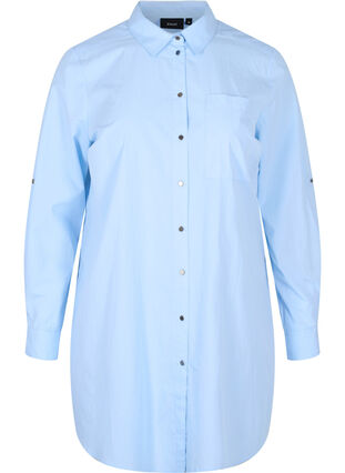Long cotton shirt with back print, Chambray Blue, Packshot image number 0