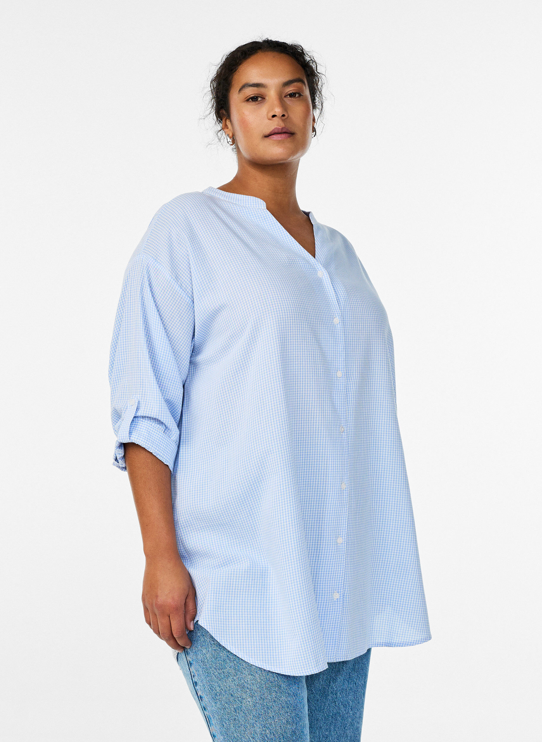 Checked tunic with 3/4 sleeves, Light Blue, Model