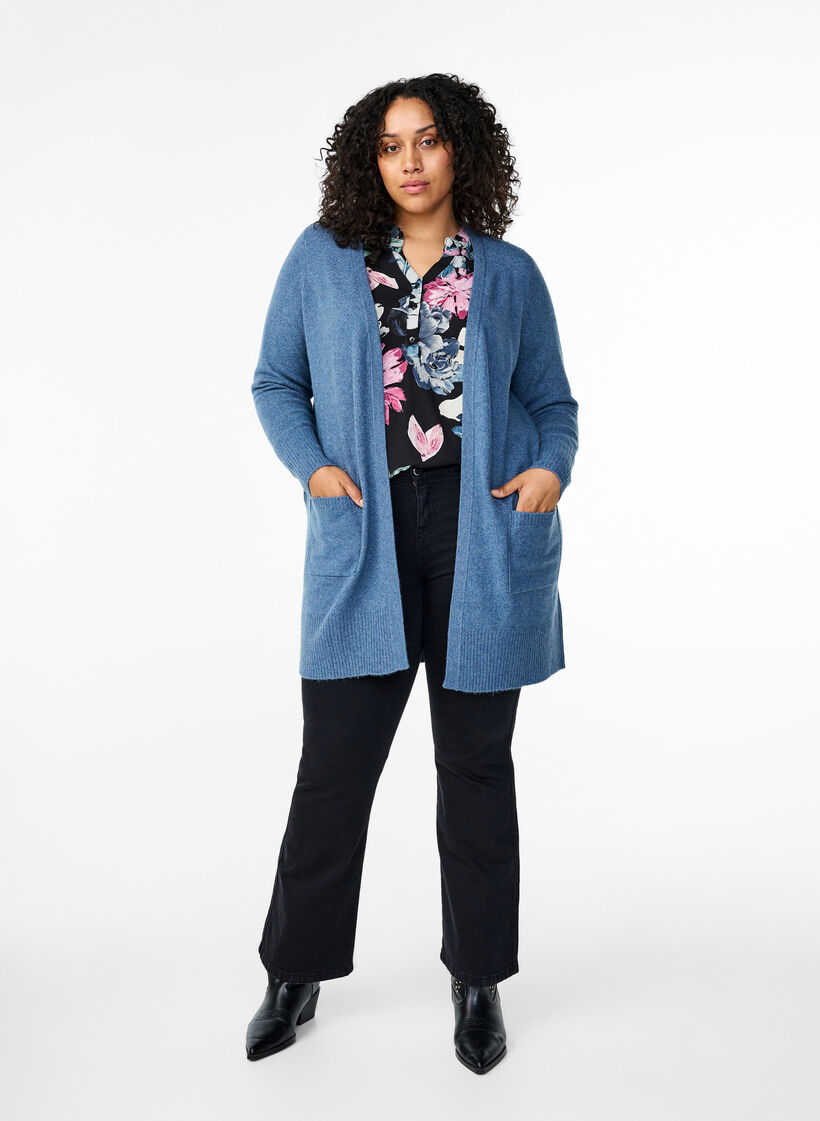 Ribbed Knit Cardigan with Pockets, Blue, Model image number 1