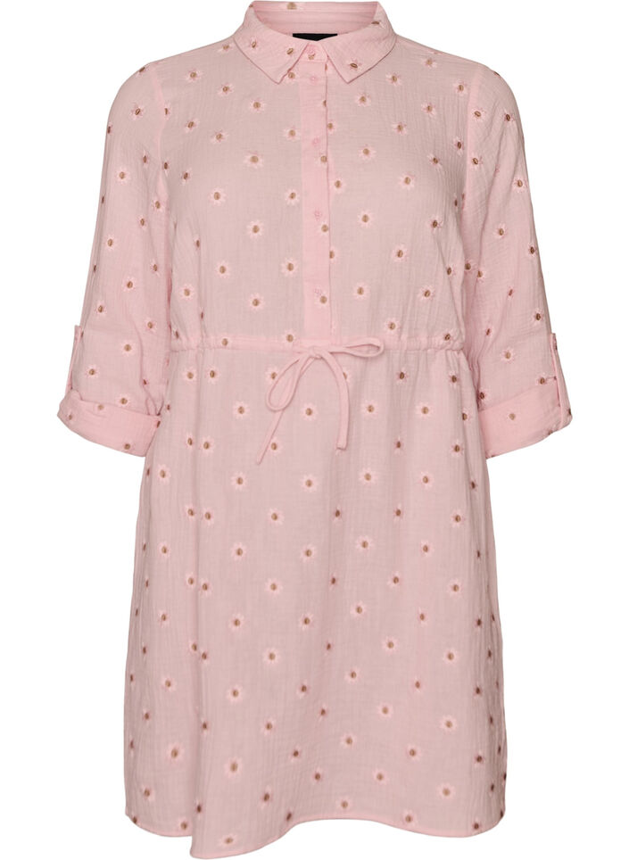 Shirt dress in cotton muslin with embroidered motifs, Rose, Packshot image number 0