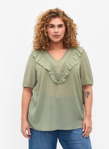 Blouse with short sleeves and dotted structure, Seagrass , Model image number 0